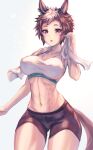  1girl :o abs animal_ears ass_visible_through_thighs black_hair blue_eyes breasts collarbone denchi_more_power highres horse_ears horse_girl horse_tail large_breasts mejiro_ryan_(umamusume) multicolored multicolored_eyes multicolored_hair muscular muscular_female navel open_mouth short_hair shorts simple_background solo sports_bra streaked_hair tail teeth thick_thighs thighs tongue towel towel_around_neck two-tone_hair umamusume upper_teeth violet_eyes white_hair 