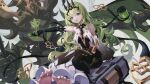  1girl :p absurdres asc11 asymmetrical_gloves bangs barefoot black_dress black_gloves breasts chinese_commentary commentary_request detached_sleeves dress elbow_gloves gloves green_hair green_nails headpiece highres honkai_(series) honkai_impact_3rd long_hair long_sleeves looking_at_viewer medium_breasts mobius_(honkai_impact) nail_polish pink_eyes single_elbow_glove single_sleeve sitting solo toenail_polish toenails toes tongue tongue_out uneven_gloves wide_sleeves 