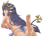  1girl ass bangs bare_shoulders barefoot bikini black_hair blue_bikini blush breasts brown_eyes closed_mouth demon_tail eyebrows_visible_through_hair hair_between_eyes highres honey_strap legs_up long_hair looking_at_viewer looking_back lying medium_breasts mizunashi_(second_run) on_stomach shimamura_charlotte side-tie_bikini simple_background smile solo striped striped_bikini swimsuit tail very_long_hair virtual_youtuber white_background 