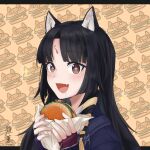  1girl :d animal_ear_fluff animal_ears arknights artist_name bangs black_hair blush braid brown_eyes burger dog_ears drooling eyebrows_visible_through_hair facial_mark fang fingerless_gloves food food-themed_background forehead_mark gloves hair_ribbon highres holding holding_food long_hair looking_at_viewer open_mouth parted_bangs purple_gloves ribbon saga_(arknights) saliva shoukkun25 side_braid signature smile solo upper_body wrapper yellow_ribbon 