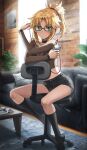 1girl bangs blonde_hair blush braid breasts chair digital_media_player earphones fate/apocrypha fate_(series) french_braid full_body green_eyes highres long_hair looking_at_viewer mordred_(fate) mordred_(fate/apocrypha) parted_bangs sidelocks sitting small_breasts solo tonee 