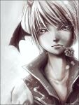  1boy bangs brown_theme closed_mouth coat commentary demon_wings ekaterina_orange english_commentary eyebrows_visible_through_hair flower_in_mouth head_wings high_priest_(ragnarok_online) horns looking_at_viewer male_focus monochrome opencanvas_(medium) ragnarok_online short_hair solo upper_body watermark web_address wings 