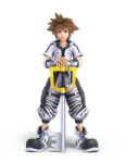 1boy 3d animal_print arm_warmers artist_request baggy_pants bangs black_footwear black_shirt blue_eyes brown_hair buttons chain closed_mouth coat collarbone disney full_body hands_on_hilt hands_up happy highres holding holding_sword holding_weapon hood hood_down hooded_coat jewelry keyblade kingdom_hearts kingdom_hearts_iii looking_at_viewer male_focus mickey_mouse necklace official_art open_clothes open_coat own_hands_together pants pocket shirt shoes short_hair short_sleeves sidelocks smile solo sora_(kingdom_hearts) spiky_hair standing straight-on striped striped_pants super_smash_bros. sword transparent_background v-shaped_eyebrows weapon white_coat zebra_print zipper 