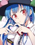  1girl bangs black_headwear blue_hair center_frills eyebrows_visible_through_hair frills hat heart heart_hands hinanawi_tenshi long_hair looking_at_viewer mikagami_hiyori puffy_short_sleeves puffy_sleeves red_eyes short_sleeves simple_background solo touhou upper_body white_background 