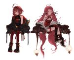 2girls absurdres ahoge asymmetrical_legwear bandage_on_face bandages bare_shoulders black_footwear black_jacket breasts closed_mouth dungeon_and_fighter highres hw jacket jacket_on_shoulders long_hair mage_(dungeon_and_fighter) multiple_girls pointy_ears red_legwear redhead short_hair simple_background sitting small_breasts smile summoner_(dungeon_and_fighter) thigh-highs thigh_strap twintails very_long_hair white_background witch_(dungeon_and_fighter) 