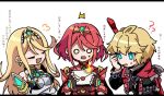  1boy 2girls ahoge bangs bare_shoulders blonde_hair blue_eyes breasts chest_jewel chibi closed_eyes commentary_request crossed_arms dress earrings elbow_gloves gloves headpiece jewelry long_hair long_sleeves monado mugimugis multiple_boys mythra_(massive_melee)_(xenoblade) mythra_(xenoblade) open_mouth pyra_(xenoblade) redhead short_hair shulk_(xenoblade) simple_background smash_invitation smile super_smash_bros. swept_bangs sword tiara upper_body very_long_hair vest weapon white_dress xenoblade_chronicles xenoblade_chronicles_(series) xenoblade_chronicles_2 yellow_eyes 