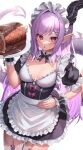  1girl apron black_dress bone boned_meat breasts dragon_girl dragon_horns dragon_tail dress food frilled_apron frilled_dress frills garter_straps highres holding holding_plate horns long_hair maid maid_apron maid_headdress meat original plate pointy_ears puffy_short_sleeves puffy_sleeves purple_hair revision short_dress short_sleeves single_horn small_breasts solo suraimu_(suraimuraimu) tail thigh-highs very_long_hair violet_eyes waist_apron white_apron white_legwear wrist_cuffs 