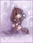  1girl :3 bangs blush boots brown_capelet brown_eyes brown_footwear brown_gloves brown_hair brown_skirt capelet chibi commentary_request dated drops_(ragnarok_online) ekaterina_orange elbow_gloves english_commentary eyes_visible_through_hair full_body gloves holding holding_staff long_hair looking_at_viewer mage_(ragnarok_online) mixed-language_commentary open_mouth poring ragnarok_online russian_commentary showgirl_skirt sitting skirt solo staff watermark web_address 