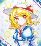  1girl artist_request ascot blonde_hair blue_dress bow dress elbow_gloves eyebrows_visible_through_hair eyelashes gloves hat hat_bow highres looking_at_viewer orange_eyes puffy_short_sleeves puffy_sleeves red_bow red_neckwear ribbon short_sleeves touhou touhou_(pc-98) traditional_media wavy_hair 