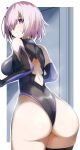  1girl ass back bangs bare_shoulders black_leotard breasts collar elbow_gloves fate/grand_order fate_(series) gin_moku gloves hair_over_one_eye highleg highleg_leotard highres large_breasts leotard light_purple_hair looking_at_viewer looking_back mash_kyrielight metal_collar purple_gloves short_hair solo thigh_strap thighs violet_eyes 