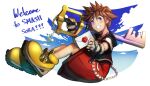  1boy blue_eyes brown_hair fingerless_gloves gloves hood ippers jewelry keyblade kingdom_hearts kingdom_hearts_i male_focus necklace open_mouth short_hair smash_invitation smile solo sora_(kingdom_hearts) spiky_hair super_smash_bros. 