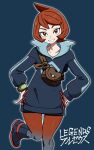  1girl arezu_(pokemon) bangs batchgooya black_footwear boots brown_bag brown_hair collarbone commentary_request copyright_name cowlick hands_on_hips highres jacket leg_up long_sleeves looking_at_viewer pokemon pokemon_(game) pokemon_legends:_arceus short_hair smile solo 