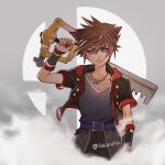  1boy blue_eyes brown_hair fingerless_gloves fire gloves highres ilabarattolo jewelry keyblade kingdom_hearts kingdom_hearts_iii male_focus necklace sayoyonsayoyo short_hair smile solo sora_(kingdom_hearts) spiky_hair super_smash_bros. 