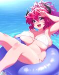1girl afloat arm_up bikini breasts commentary_request fang highres horns innertube large_breasts legs_up long_hair looking_at_viewer lying ocean on_back onsoku_inu open_mouth original outdoors redhead solo swimsuit tareme violet_eyes w water white_bikini