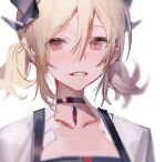  1girl arknights black_choker blush choker collarbone fangs hair_between_eyes highres horns ifrit_(arknights) looking_at_viewer low_twintails parted_lips portrait red_eyes short_hair short_twintails simple_background smile solo teeth twintails white_background you_zhaqi 