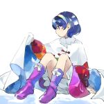  1girl bloomers blue_eyes blue_hair boots bow cape cloak dress frills kaigen_1025 multicolored multicolored_clothes multicolored_hairband patchwork_clothes pink_footwear rainbow_gradient red_button short_hair simple_background sitting sky_print tattered_cape tenkyuu_chimata touhou two-sided_cape two-sided_fabric underwear white_background white_bow white_cape white_cloak zipper 
