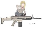  1girl absurdres assault_rifle blonde_hair blue_eyes brown_coat closed_mouth coat d-sawa613 fn_scar gloves grey_gloves grey_skirt gun hand_on_hip highres leggings long_hair long_sleeves looking_at_viewer original rifle school_uniform simple_background skirt solo weapon white_background 
