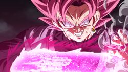  1boy battle_damage crazy_grin dragon_ball dragon_ball_super earrings energy_sword goku_black grey_eyes grin jewelry looking_at_viewer male_focus pink_hair potara_earrings ring rom_(20) smile smoke spiky_hair super_saiyan super_saiyan_rose sword weapon 