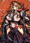  1girl blonde_hair breasts chain cuffs cup hand_on_hip holding horns hoshiguma_yuugi large_breasts long_hair midriff moto_murabito muscular oni red_eyes sakazuki shirt single_horn skirt solo sparkle thighs touhou very_long_hair 