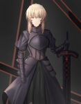  1girl absurdres armor armored_dress artoria_pendragon_(fate) black_background black_dress blonde_hair braid breastplate dark_persona dress excalibur_morgan_(fate) expressionless facial_mark fate/stay_night fate_(series) french_braid gauntlets highres hwa_n01 looking_at_viewer planted planted_sword saber_alter solo sword weapon yellow_eyes 