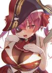  1girl ascot bare_shoulders breasts covered_navel eyepatch gloves hat highres hololive houshou_marine large_breasts leotard mintoaisu pirate pirate_hat red_eyes redhead sleeveless solo tongue tongue_out virtual_youtuber 