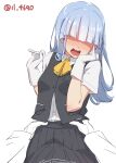  1girl 1other 4690_(tkpbsk) blue_hair cowboy_shot dress_shirt facing_viewer grey_skirt grey_vest hatsukaze_(kancolle) hime_cut kantai_collection neck_ribbon one-hour_drawing_challenge open_clothes open_mouth open_shirt pleated_skirt pov ribbon school_uniform shaded_face shirt simple_background skirt twitter_username vest white_background white_hair white_shirt yellow_neckwear 