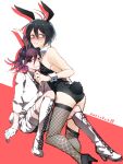  2boys animal_ears bangs bare_shoulders black_hair blush boots bunny_boy cross-laced_footwear crossdressing danganronpa_(series) danganronpa_v3:_killing_harmony dated detached_collar fake_animal_ears fang fishnet_legwear fishnets high_heels highres jacket knee_boots lace-up_boots male_playboy_bunny multicolored_hair multiple_boys ouma_kokichi playboy_bunny rabbit_ears rabbit_tail red_background redhead saihara_shuuichi skin_fang smile sumika_(rrz03) suspenders tail thigh-highs white_background white_footwear white_jacket wrist_cuffs 