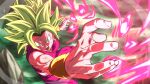  1girl blue_eyes dragon_ball dragon_ball_super earrings energy foreshortening green_hair green_sky incoming_attack jewelry kefla_(dragon_ball) looking_at_viewer muscular muscular_female open_mouth potara_earrings rom_(20) solo spiky_hair super_saiyan 