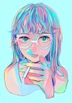  1girl absurdres aqua_hair bangs blowing_smoke blue_background blue_eyes cigarette glasses green_nails highres holding holding_cigarette long_hair looking_at_viewer multicolored_hair open_mouth original portrait richard_(ri39p) simple_background white-framed_eyewear 