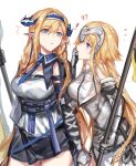  2girls ^^^ arknights bangs bare_shoulders blonde_hair blue_eyes blue_hairband blue_neckwear breasts cowboy_shot elbow_gloves eyebrows_visible_through_hair fate/apocrypha fate_(series) gloves hair_between_eyes hairband highres horns jeanne_d&#039;arc_(fate) jeanne_d&#039;arc_(fate/apocrypha) large_breasts long_hair looking_at_another multiple_girls necktie pointy_ears profile saileach_(arknights) shirt simple_background standing trait_connection very_long_hair white_background white_shirt zuo_daoxing 