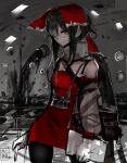  1girl bad_id bad_twitter_id bangs black_hair black_legwear bow brown_eyes camera camera_around_neck cookie_(touhou) cowboy_shot detached_sleeves dress floating_eye fumei_unknown hair_bow hair_over_one_eye hakurei_reimu holding holding_pen long_hair looking_at_viewer mask monochrome_background mouth_mask official_art pen red_bow red_dress signature sketch sleeveless sleeveless_dress solo stylus tablet_pc thigh-highs touhou very_long_hair white_sleeves yuyusu_(cookie) 