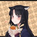  1girl animal_ear_fluff animal_ears arknights artist_name bangs black_hair blush braid brown_eyes burger dog_ears ears_down eating eyebrows_visible_through_hair facial_mark fingerless_gloves food food-themed_background food_on_face forehead_mark gloves hair_ribbon heart heart-shaped_pupils highres holding holding_food long_hair looking_at_viewer parted_bangs purple_gloves ribbon saga_(arknights) shoukkun25 side_braid signature solo symbol-shaped_pupils upper_body wrapper yellow_ribbon 