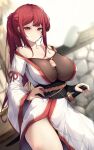  1girl bare_shoulders breasts collarbone cowboy_shot ddangbi fishnets hand_on_hip highres japanese_clothes kimono large_breasts long_hair long_sleeves looking_at_viewer obi original ponytail red_eyes redhead sash sheath sheathed sidelocks smile solo sword weapon white_kimono wide_sleeves 