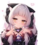  1girl absurdres animal_ear_fluff animal_ears arata_(xin) bangs black_dress black_ribbon blush cat_ears closed_mouth commentary criss-cross_halter dress eyes_visible_through_hair frilled_ribbon frilled_sleeves frills hair_ribbon halterneck hands_up heart heart_hands highres hololive long_hair long_sleeves looking_at_viewer murasaki_shion ribbon silver_hair simple_background smile solo upper_body virtual_youtuber white_background yellow_eyes 