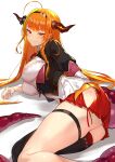  1girl ahoge braid breasts dragon_horns dragon_tail hairband highres hololive horns kakage kiryu_coco large_breasts long_hair orange_hair pleated_skirt pointy_ears red_eyes side_slit single_thighhigh skirt smile tail thigh-highs thigh_strap white_background 