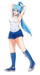  1girl absurdres aqua_(konosuba) armpits bangs blue_eyes blue_hair blush breasts clothes_lift converse highres kono_subarashii_sekai_ni_shukufuku_wo! looking_at_viewer medium_breasts open_mouth rd_(ardeee) shirt shirt_lift shoes short_shorts shorts simple_background smile sneakers sweat tank_top undershirt walking white_background white_shirt 