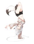  1girl absurdres animal_ears blue_eyes braid casual commentary dino_(dinoartforame) english_commentary fox_ears fox_girl fox_tail handstand highres hololive long_hair midriff navel shirakami_fubuki shorts simple_background solo tail upside-down virtual_youtuber white_background white_hair 