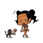  1girl animal arung_samudra_(cessa) black_hair cessa chibi dark-skinned_female dark_skin flower holding holding_flower lowres monkey ombok_diving_and_delivery_services one-piece_swimsuit open_mouth pink_flower profile shadow simple_background smile solo swimsuit twintails walking white_background 