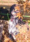  2girls autumn_leaves black_hair blue_eyes breasts eyes_visible_through_hair fuyushima_enishi highres leaf long_hair looking_at_viewer multiple_girls open_mouth ribbon sahara386 school_briefcase school_uniform sex_and_dungeon small_breasts very_long_hair walking 