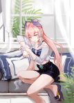  1girl alternate_costume belt blue_eyes bow bowtie couch genshin_impact half-closed_eyes highres long_hair looking_at_viewer on_couch pencil_skirt pillow pink_hair sangonomiya_kokomi sitting skirt solo vision_(genshin_impact) window zxny 
