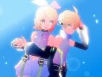 1boy 1girl aqua_eyes bangs bare_shoulders bell_sleeves belt black_shorts blonde_hair bloom blue_sky bow commentary covered_collarbone d_futagosaikyou day detached_sleeves grey_shirt hair_bow hair_ornament hairclip hands_together headphones high_collar hip_gear kagamine_len kagamine_len_(append) kagamine_rin kagamine_rin_(append) lens_flare looking_at_another open_mouth outdoors pendant_choker puffy_shorts shirt short_hair short_ponytail shorts sidelighting sky sleeveless sleeveless_shirt smile spiky_hair standing swept_bangs treble_clef upper_body vocaloid vocaloid_append white_bow white_shorts 