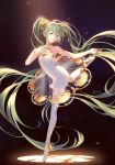  1girl absurdly_long_hair armlet artist_name backlighting ballet ballet_slippers bare_arms bracelet chest_tattoo cupping_hand dancing dark_background darkness dress eyelashes flat_chest floating_hair full_body glint glowing gold_trim green_eyes green_hair hand_on_own_chest hatsune_miku headphones highres jewelry koichame leg_up lens_flare light_particles long_hair looking_at_viewer miku_symphony_(vocaloid) neck_ribbon neck_ring number_tattoo outstretched_hand parted_lips ribbon see-through_dress serious shadow shoe_soles short_dress single_thighhigh solo spotlight standing standing_on_one_leg strapless strapless_dress tattoo thigh-highs tiptoes tsurime twintails very_long_hair vocaloid white_dress white_footwear white_legwear zettai_ryouiki 