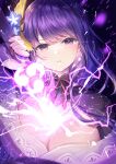  1girl artist_name bangs bow bowtie breasts electricity eyebrows_visible_through_hair flower fujimori_shiki genshin_impact hair_flower hair_ornament hand_up highres holding holding_sword holding_weapon japanese_clothes long_hair looking_at_viewer medium_breasts messy_hair parted_lips purple_hair raiden_shogun sidelocks solo sword upper_body violet_eyes weapon 