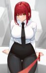  1girl absurdres bangs black_pants breasts chainsaw_man collar collared_shirt cromwellb dress_shirt highres large_breasts leaning_back leash looking_at_viewer makima_(chainsaw_man) necktie pants redhead ringed_eyes shirt sitting smile thick_thighs thigh_gap thighs yellow_eyes 