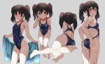 1girl ass barefoot black_hair blue_swimsuit from_behind grey_background hair_between_eyes highres kurokawa_makoto looking_at_viewer looking_back love_live! love_live!_school_idol_project multiple_views one-piece_swimsuit red_eyes short_hair simple_background soles swimsuit toes twintails v wet wet_hair yazawa_nico 