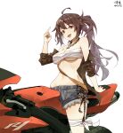  1girl absurdres ahoge arm_up bandaged_leg bandages bangs breasts brown_hair chain_necklace chinese_commentary commentary_request dated eyebrows_visible_through_hair grey_shorts ground_vehicle highres hundun_no_bifang jacket large_breasts long_hair looking_at_viewer middle_finger motor_vehicle motorcycle navel off_shoulder open_clothes open_jacket original ponytail sarashi short_shorts shorts signature sitting solo stomach transparent_background under_boob 