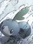 alu_drp blue_eyes bright_pupils closed_mouth commentary_request frown highres looking_at_viewer looking_up no_humans pokemon pokemon_(creature) sobble solo water water_drop white_pupils 