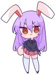  1girl :3 animal_ears bangs blouse brown_footwear collared_blouse crescent crescent_pin highres light_purple_hair long_hair long_sleeves medium_skirt necktie op_na_yarou pink_skirt pleated_skirt purple_hair rabbit_ears rabbit_tail red_eyes red_neckwear reisen_udongein_inaba shoes simple_background skirt solo suit_jacket tail thigh-highs touhou v-shaped_eyebrows very_long_hair white_background white_blouse white_legwear 