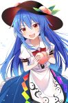  1girl :d black_headwear blue_hair bow bowtie commentary_request e.o. eyebrows_visible_through_hair food fruit hair_between_eyes hat highres hinanawi_tenshi holding holding_food holding_fruit long_hair looking_at_viewer open_mouth orange_eyes peach puffy_short_sleeves puffy_sleeves red_neckwear short_sleeves simple_background smile solo touhou white_background 