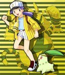  1girl :d baseball_cap belt belt_buckle blue_shirt brown_eyes brown_footwear buckle casey_(pokemon) chikorita clenched_hands commentary_request d-nezumi electabuzz eyelashes hand_up hat jacket leg_up long_hair looking_at_viewer no_socks open_mouth pokemon pokemon_(anime) pokemon_(classic_anime) pokemon_(creature) purple_hair shirt shoes shorts smile standing standing_on_one_leg striped tongue vertical-striped_shorts vertical_stripes white_headwear white_shorts yellow_jacket 